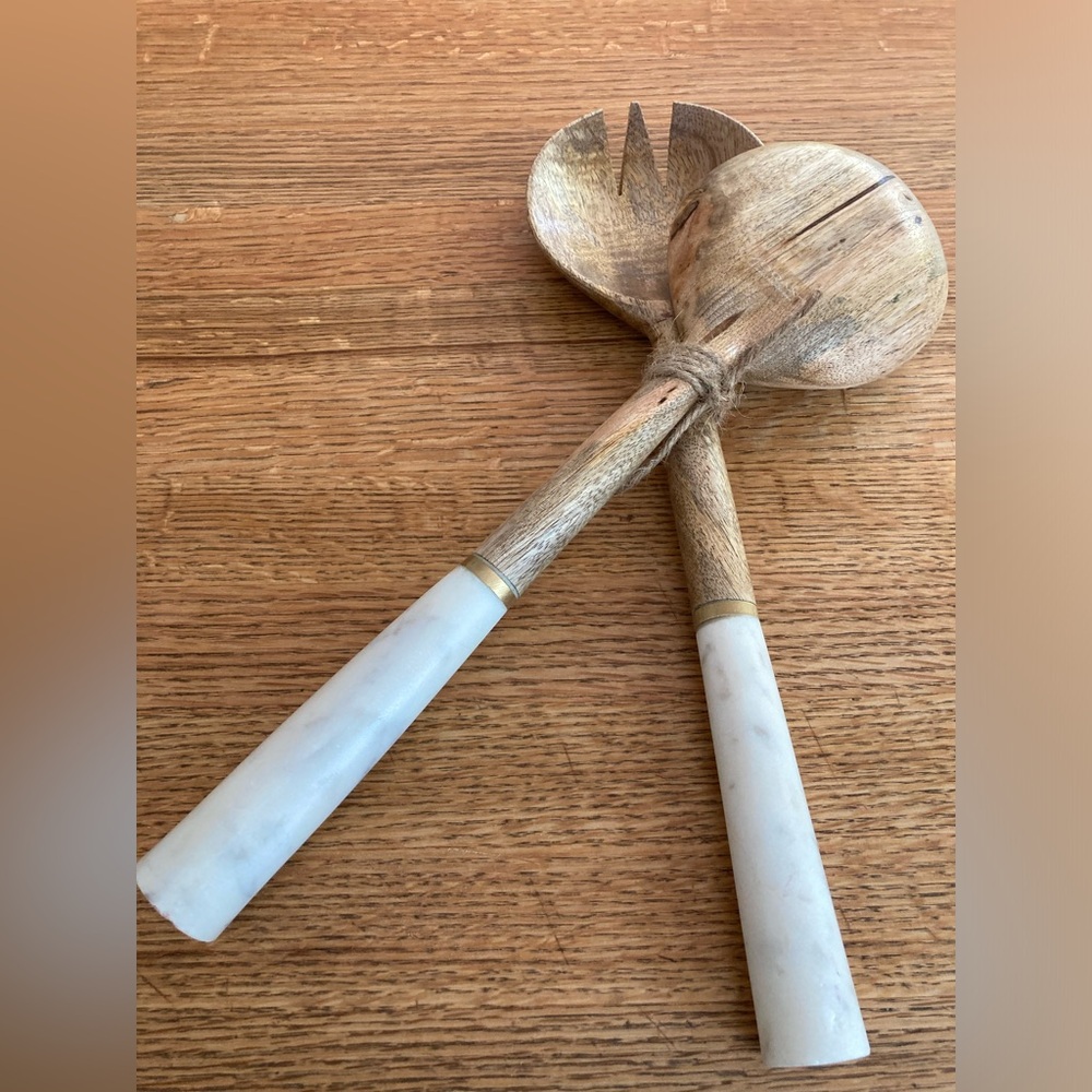 Zodax Los Angeles Wooden Salad Servers with Marble Handles